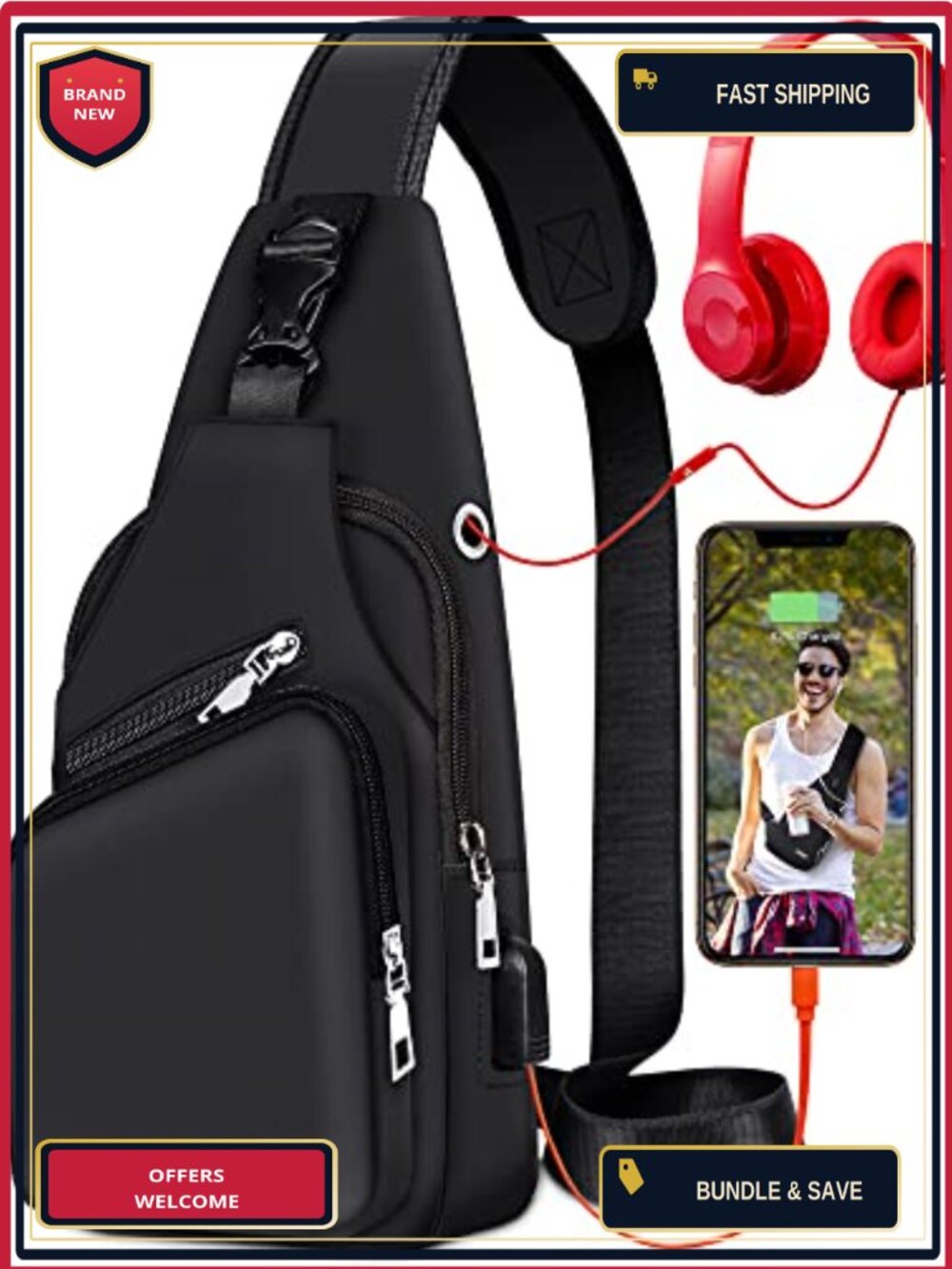 Waterproof PU Leather Sling Bag Crossbody Backpack Hiking Daypack Men